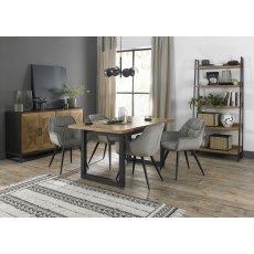 Indus Rustic Oak 4-6 Seater Dining Table with Peppercorn Legs & 4 Dali Grey Velvet Fabric Chairs with Sand Black Powder Coated Legs