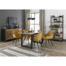 Indus Rustic Oak 4-6 Seater Dining Table with Peppercorn Legs & 4 Dali Mustard Velvet Fabric Chairs with Sand Black Powder Coated Legs