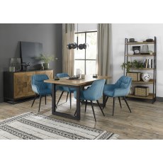 Indus Rustic Oak 4-6 Seater Dining Table with Peppercorn Legs & 4 Dali Petrol Blue Velvet Fabric Chairs with Sand Black Powder Coated Legs