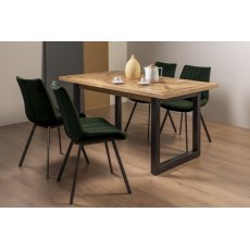 Indus Rustic Oak 4-6 Seater Dining Table with Peppercorn Legs & 4 Fontana Green Velvet Fabric Chairs with Grey Hand Brushing on Black Powder Coated Legs