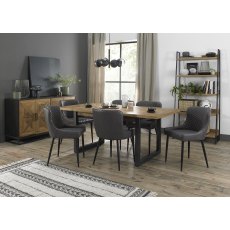 Indus Rustic Oak 6-8 Seater Dining Table with Peppercorn Legs & 6 Cezanne Dark Grey Faux Leather Chairs with Sand Black Powder Coated Legs