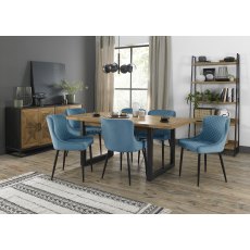 Indus Rustic Oak 6-8 Seater Dining Table with Peppercorn Legs & 6 Cezanne Petrol Blue Velvet Fabric Chairs with Sand Black Powder Coated Legs