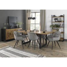 Indus Rustic Oak 6-8 Seater Dining Table with Peppercorn Legs & 6 Dali Grey Velvet Fabric Chairs with Sand Black Powder Coated Legs