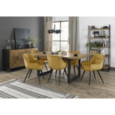 Indus Rustic Oak 6-8 Seater Dining Table with Peppercorn Legs & 6 Dali Mustard Velvet Fabric Chairs with Sand Black Powder Coated Legs
