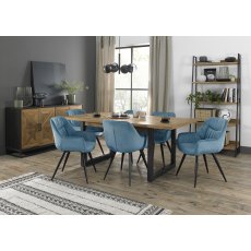 Indus Rustic Oak 6-8 Seater Dining Table with Peppercorn Legs & 6 Dali Petrol Blue Velvet Fabric Chairs with Sand Black Powder Coated Legs