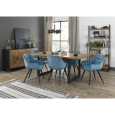 Indus Rustic Oak 6-8 Seater Table & 6 Dali Petrol Blue Velvet Chairs - Black Legs