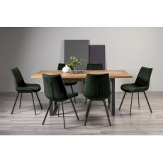 Indus Rustic Oak 6-8 Seater Dining Table with Peppercorn Legs & 6 Fontana Green Velvet Fabric Chairs with Grey Hand Brushing on Black Powder Coated Legs