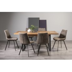 Indus Rustic Oak 6-8 Seater Dining Table with Peppercorn Legs & 6 Fontana Tan Faux Suede Fabric Chairs with Grey Hand Brushing on Black Powder Coated Legs