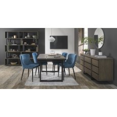 Tivoli Weathered Oak 4-6 Seater Dining Table with Peppercorn Legs  & 4 Cezanne Petrol Blue Velvet Fabric Chairs with Sand Black Powder Coated Legs