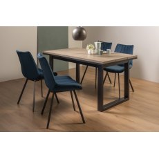 Tivoli Weathered Oak 4-6 Seater Dining Table with Peppercorn Legs  & 4 Fontana Blue Velvet Fabric Chairs with Grey Hand Brushing on Black Powder Coated Legs
