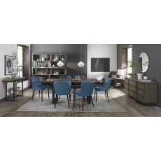 Tivoli Weathered Oak 6-8 Seater Dining Table with Peppercorn Legs  & 6 Cezanne Petrol Blue Velvet Fabric Chairs with Sand Black Powder Coated Legs
