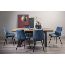 Tivoli Weathered Oak 6-8 Seater Dining Table with Peppercorn Legs  & 6 Fontana Blue Velvet Fabric Chairs with Grey Hand Brushing on Black Powder Coated Legs