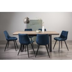 Tivoli Weathered Oak 6-8 Seater Dining Table with Peppercorn Legs  & 6 Seurat Blue Velvet Fabric Chairs with Sand Black Powder Coated Legs