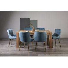 Turin Light Oak 6 Seater Dining Table & 6 Cezanne Petrol Blue Velvet Fabric Chairs with Matt Gold Plated Legs