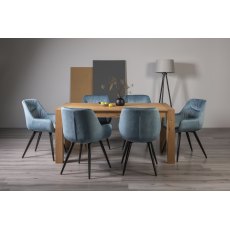 Turin Light Oak 6 Seater Table & 6 Dali Petrol Blue Velvet Chairs