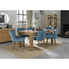 Turin Light Oak 6-8 Seater Dining Table & 6 Cezanne Petrol Blue Velvet Fabric Chairs with Matt Gold Plated Legs