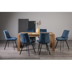 Turin Light Oak 6-8 Seater Dining Table & 6 Fontana Blue Velvet Fabric Chairs with Grey Hand Brushing on Black Powder Coated Legs