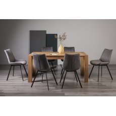 Turin Light Oak 6-8 Seater Dining Table & 6 Fontana Grey Velvet Fabric Chairs with Grey Hand Brushing on Black Powder Coated Legs