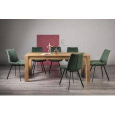 Turin Light Oak 6-10 Seater Dining Table & 8 Fontana Green Velvet Fabric Chairs with Grey Hand Brushing on Black Powder Coated Legs