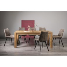 Turin Light Oak 6-10 Seater Dining Table & 8 Fontana Tan Faux Suede Fabric Chairs with Grey Hand Brushing on Black Powder Coated Legs