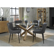 Turin Clear Tempered Glass 4 Seater Dining Table with Light Oak Legs & 4 Cezanne Dark Grey Faux Leather Chairs with Sand Black Powder Coated Legs