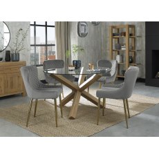 Turin Clear Tempered Glass 4 Seater Dining Table with Light Oak Legs & 4 Cezanne Grey Velvet Fabric Chairs with Matt Gold Plated Legs