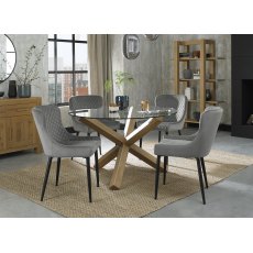 Turin Clear Tempered Glass 4 Seater Dining Table with Light Oak Legs & 4 Cezanne Grey Velvet Fabric Chairs with Sand Black Powder Coated Legs