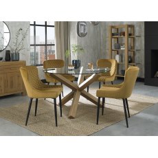 Turin Clear Tempered Glass 4 Seater Dining Table with Light Oak Legs & 4 Cezanne Mustard Velvet Fabric Chairs with Sand Black Powder Coated Legs