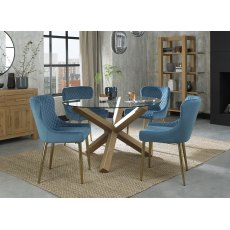 Turin Clear Tempered Glass 4 Seater Dining Table with Light Oak Legs & 4 Cezanne Petrol Blue Velvet Fabric Chairs with Matt Gold Plated Legs