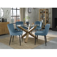 Turin Clear Tempered Glass 4 Seater Dining Table with Light Oak Legs & 4 Cezanne Petrol Blue Velvet Fabric Chairs with Sand Black Powder Coated Legs