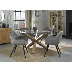 Turin Glass 4 Seater Table - Light Oak Legs & 4 Dali Grey Velvet Chairs