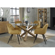 Turin Clear Tempered Glass 4 Seater Dining Table with Light Oak Legs & 4 Dali Mustard Velvet Fabric Chairs with Sand Black Powder Coated Legs