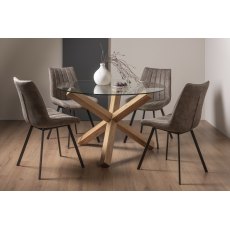 Turin Clear Tempered Glass 4 Seater Dining Table with Light Oak Legs & 4 Fontana Tan Faux Suede Fabric Chairs with Grey Hand Brushing on Black Powder Coated Legs
