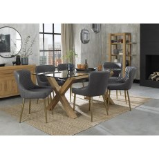 Turin Glass 6 Seater Table - Light Oak Legs & 6 Cezanne Dark Grey Faux Leather Chairs - Gold Legs