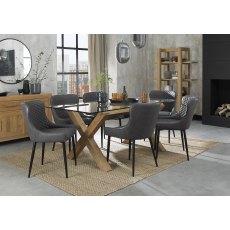 Turin Clear Tempered Glass 6 Seater Dining Table with Light Oak Legs & 6 Cezanne Dark Grey Faux Leather Chairs with Sand Black Powder Coated Legs