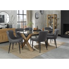 Turin Glass 6 Seater Table - Light Oak Legs & 6 Cezanne Dark Grey Faux Leather Chairs - Black Legs