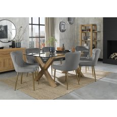 Turin Glass 6 Seater Table - Light Oak Legs & 6 Cezanne Grey Velvet Chairs - Gold Legs