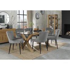 Turin Clear Tempered Glass 6 Seater Dining Table with Light Oak Legs & 6 Cezanne Grey Velvet Fabric Chairs with Sand Black Powder Coated Legs