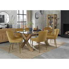 Turin Clear Tempered Glass 6 Seater Dining Table with Light Oak Legs & 6 Cezanne Mustard Velvet Fabric Chairs with Matt Gold Plated Legs
