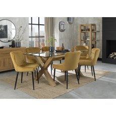 Turin Clear Tempered Glass 6 Seater Dining Table with Light Oak Legs & 6 Cezanne Mustard Velvet Fabric Chairs with Sand Black Powder Coated Legs