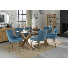 Turin Clear Tempered Glass 6 Seater Dining Table with Light Oak Legs & 6 Cezanne Petrol Blue Velvet Fabric Chairs with Matt Gold Plated Legs