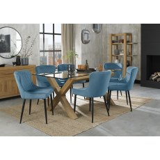 Turin Clear Tempered Glass 6 Seater Dining Table with Light Oak Legs & 6 Cezanne Petrol Blue Velvet Fabric Chairs with Sand Black Powder Coated Legs