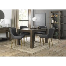 Turin Dark Oak 4-6 Seater Dining Table & 4 Cezanne Dark Grey Faux Leather Chairs with Matt Gold Plated Legs