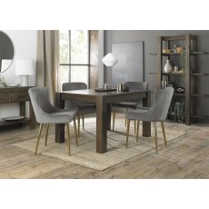Turin Dark Oak 4-6 Seater Dining Table & 4 Cezanne Grey Velvet Fabric Chairs with Matt Gold Plated Legs