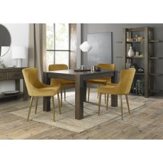 Turin Dark Oak 4-6 Seater Dining Table & 4 Cezanne Mustard Velvet Fabric Chairs with Matt Gold Plated Legs