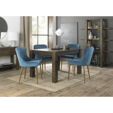 Turin Dark Oak 4-6 Seater Dining Table & 4 Cezanne Petrol Blue Velvet Fabric Chairs with Matt Gold Plated Legs