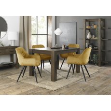 Turin Dark Oak 4-6 Seater Dining Table & 4 Dali Mustard Velvet Fabric Chairs with Sand Black Powder Coated Legs
