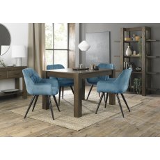 Turin Dark Oak 4-6 Seater Dining Table & 4 Dali Petrol Blue Velvet Fabric Chairs with Sand Black Powder Coated Legs