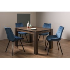 Turin Dark Oak 4-6 Seater Dining Table & 4 Fontana Blue Velvet Fabric Chairs with Grey Hand Brushing on Black Powder Coated Legs