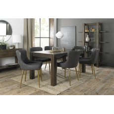 Turin Dark Oak 6-8 Seater Dining Table & 6 Cezanne Dark Grey Faux Leather Chairs with Matt Gold Plated Legs